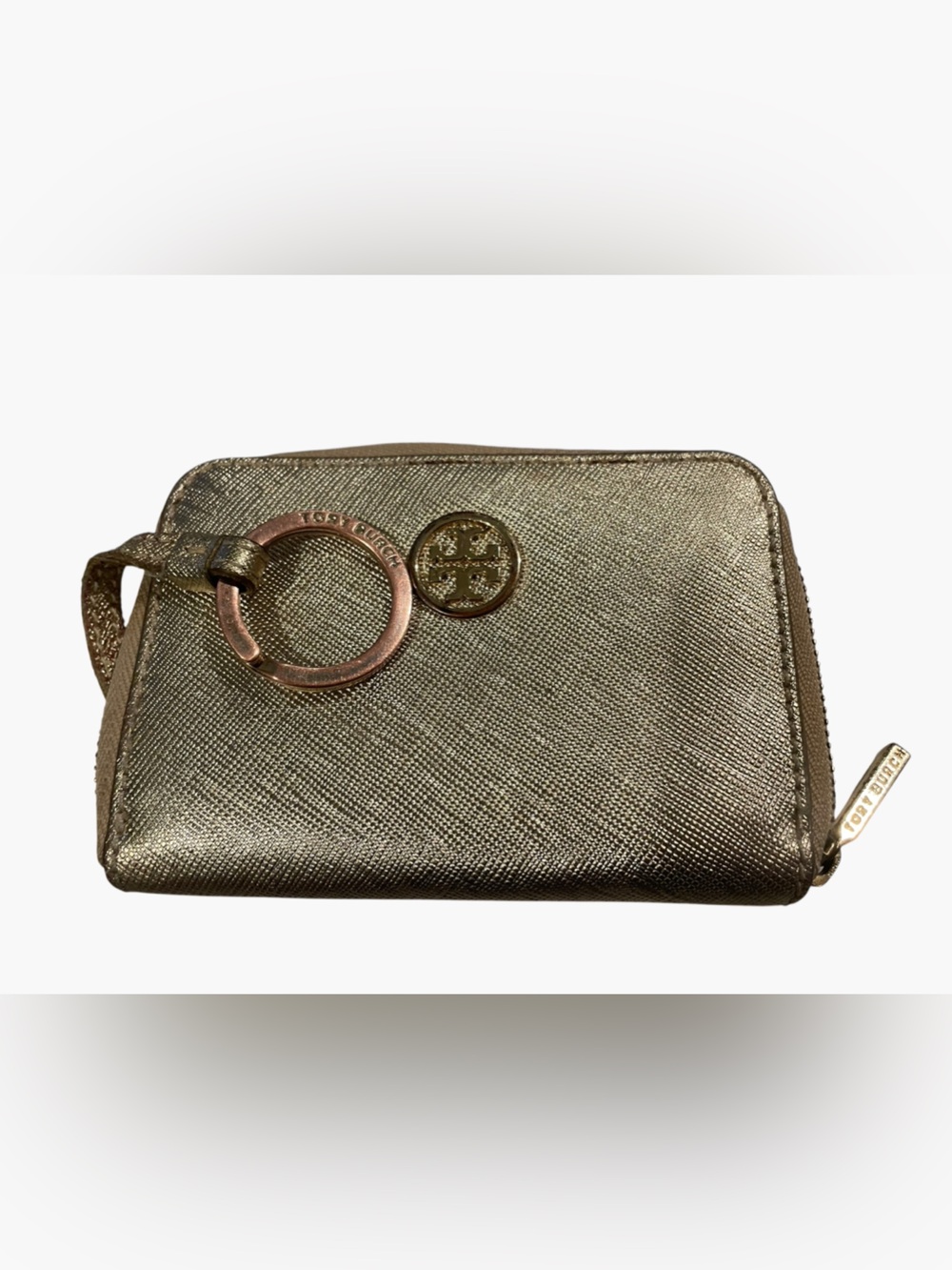 Tory Burch Textured Wallet Coin Pouch Gold Zip Around Key Chain Logo Mini 4.5x3